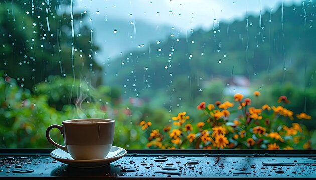 Sunlit table with a cup of tea and an open journal beside a bright window